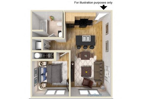 a bedroom with a living room and a dining room